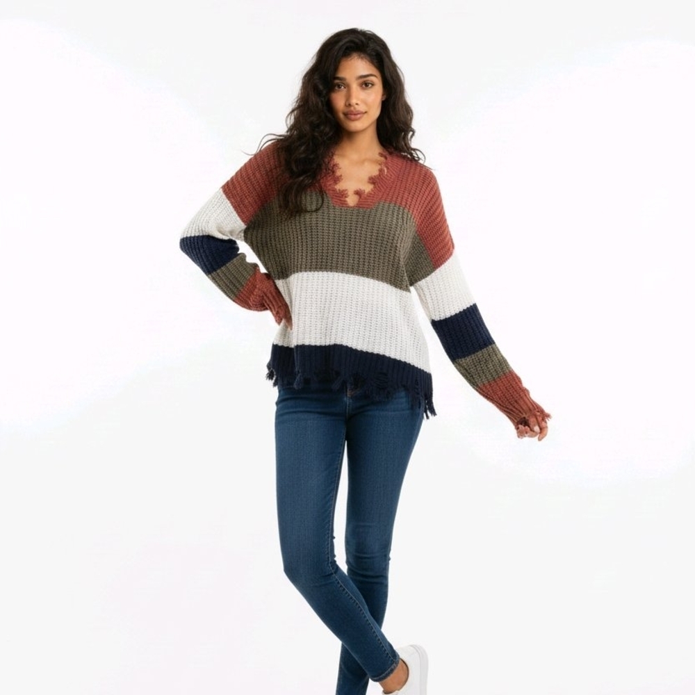 Distressed Chic V-Neck Sweater (SKU#1146)